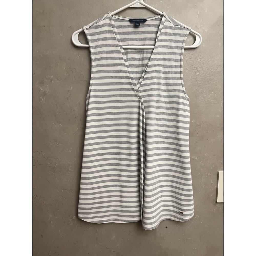 Tommy Hilfiger Striped V-Neck Tank Top L Grey White Pleated Front Summer Coastal - Picture 3 of 12